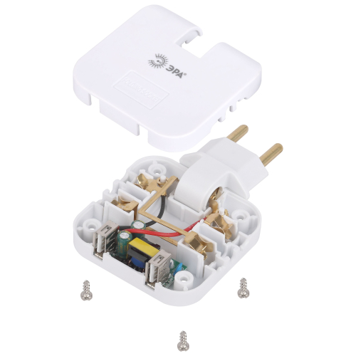 Разветвитель электрический ЭРА SPF-2-FL-USB поворотный на 2 розетки + 2USB 10А белый