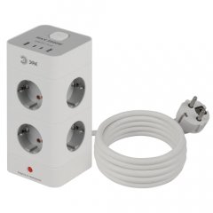 Сетевой фильтр ЭРА TWR-8es-1,5m-4USB-W башня с защитой заземлением с выключателем 8 розеток+4xUSBA+C