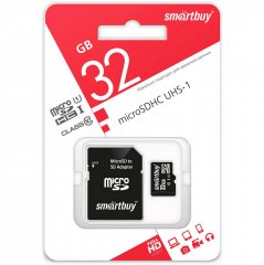 Карта памяти MicroSD  32GB  Smart Buy Сlass 10 UHS-I + SD адаптер SB32GBSDCL10-01
