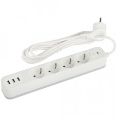 Сетевой фильтр ЭРА USF-4es-1,5m-3xUSBA-W с базовой защитой с заземлением с выключателем 4 розетки+3x