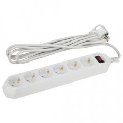 Сетевой фильтр ЭРА  USF-6es-1,5m-W с базовой защитой с заземлением с выключателем 6 розеток 1,5м 10А