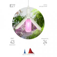 Фитолампа для растений светодиодная ЭРА FITO-24W-RB-E27-FOLD 3-х лепестковая красно-синего спектра 2