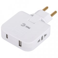 Разветвитель электрический ЭРА SPF-2-FL-USBC поворотный на 2 розетки + 2USB A+C 10А белый