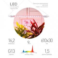 Фитолампа для растений светодиодная ЭРА FITO-9W-Rа90-Т8+FITO-Holder IP65 2хG13 с выключателем 1.5м