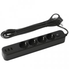 Сетевой фильтр ЭРА USF-4es-1,5m-3xUSBA-B с базовой защитой с заземлением с выключателем 4 розетки+3x