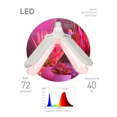Фитолампа для растений светодиодная ЭРА GREEN LINE ФИТО-40W-PL-E27-GR 4-х лепестковая красно-синего