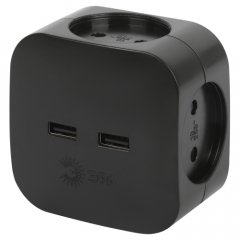 Разветвитель электрический ЭРА SP-4-USB-B на 4 розетки + 2xUSB 2400mA без заземления 10А черный