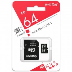 Карта памяти MicroSD  64GB  Smart Buy Class 10 UHS-I + SD адаптер SB64GBSDCL10-01